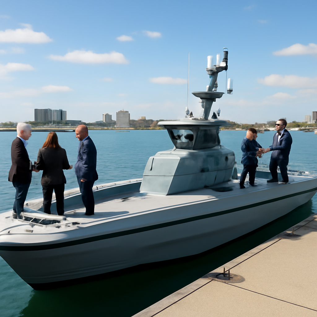 Medium-sized unmanned surface vessel docked at a marina pier with officials and reporters gathered around.
