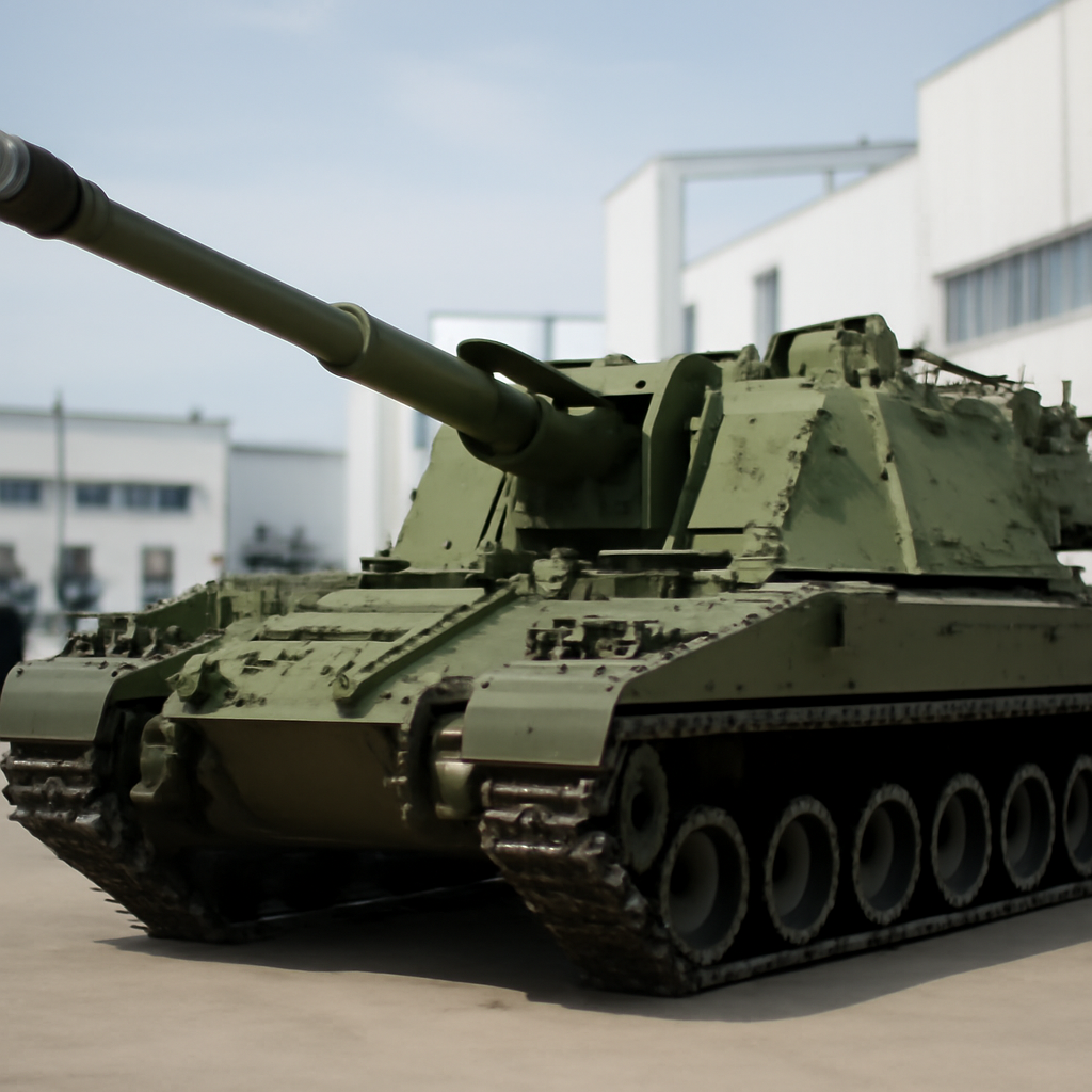 Tracked howitzer vehicle in a military facility with industrial background.