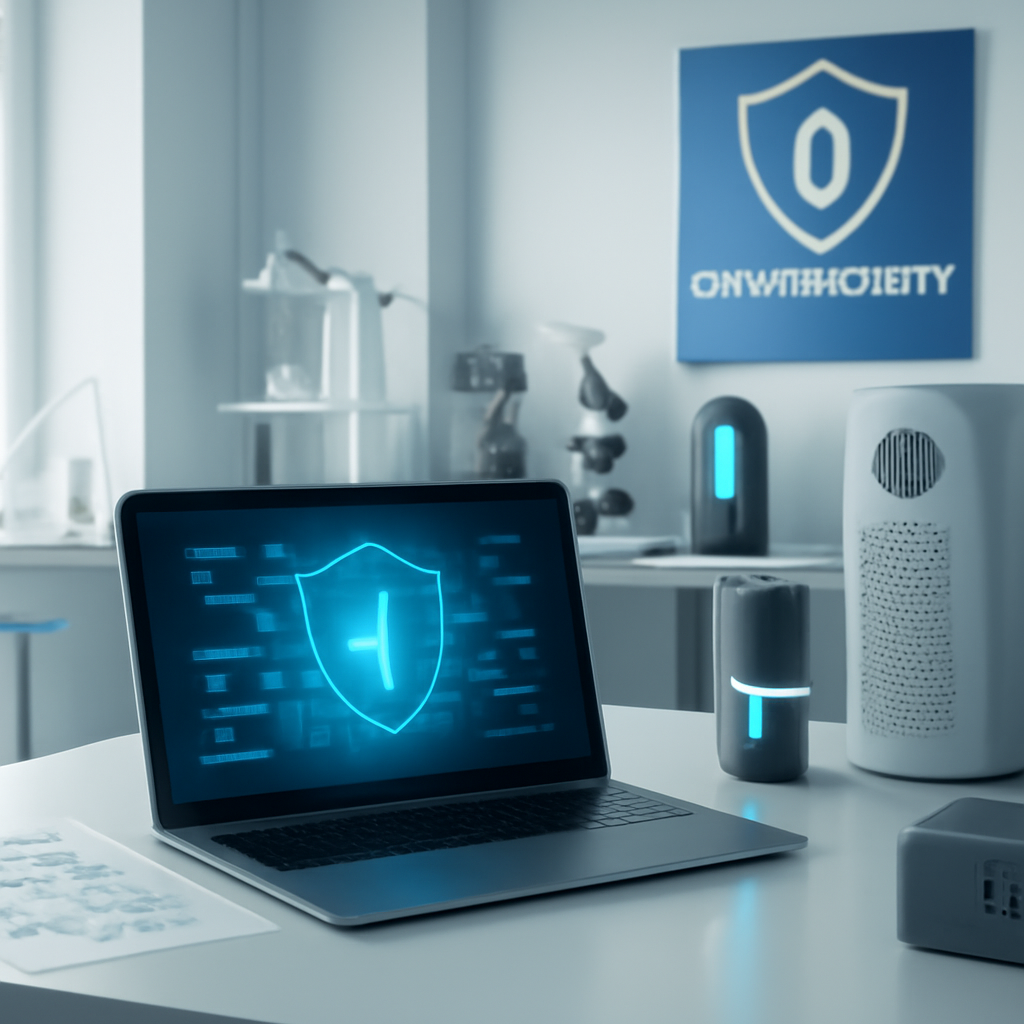 Futuristic lab with computer workstation and cybersecurity devices.