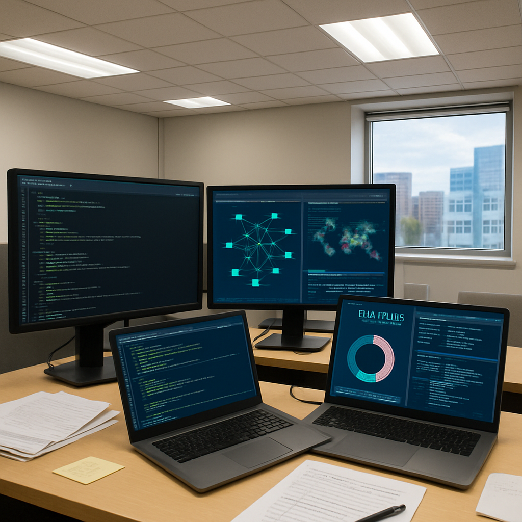 Security analyst's workstation with multiple screens displaying code and threat analysis tools in a neutral office setting.