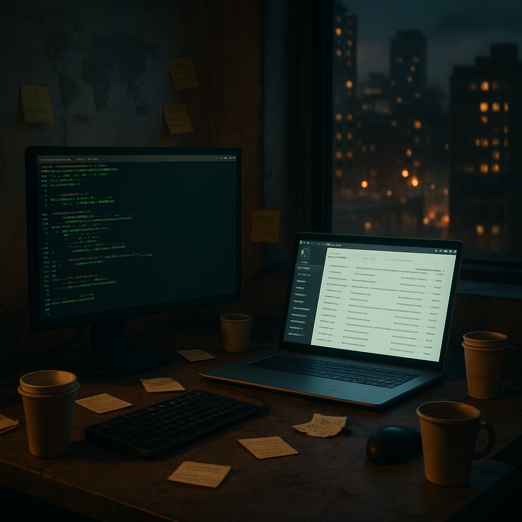 Cluttered workspace with Linux terminal and laptop, cityscape outside, surrounded by notes and coffee cups.