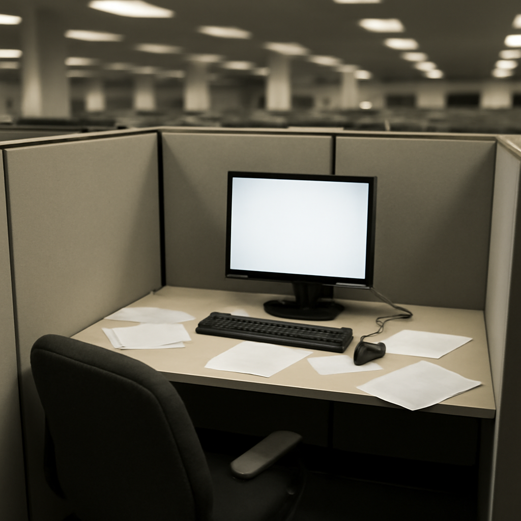 Empty office cubicle with computer and papers, suggesting recent use.