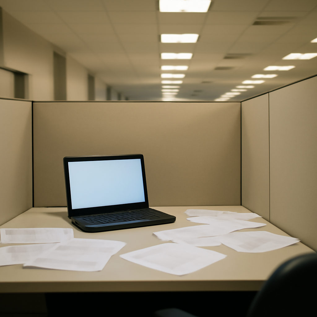 Empty office cubicle with scattered papers and open laptop on desk, blurred corridor in background.