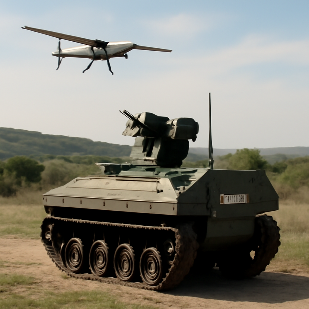 BARKAN unmanned ground vehicle and BULUT drone in operation during military exercise.