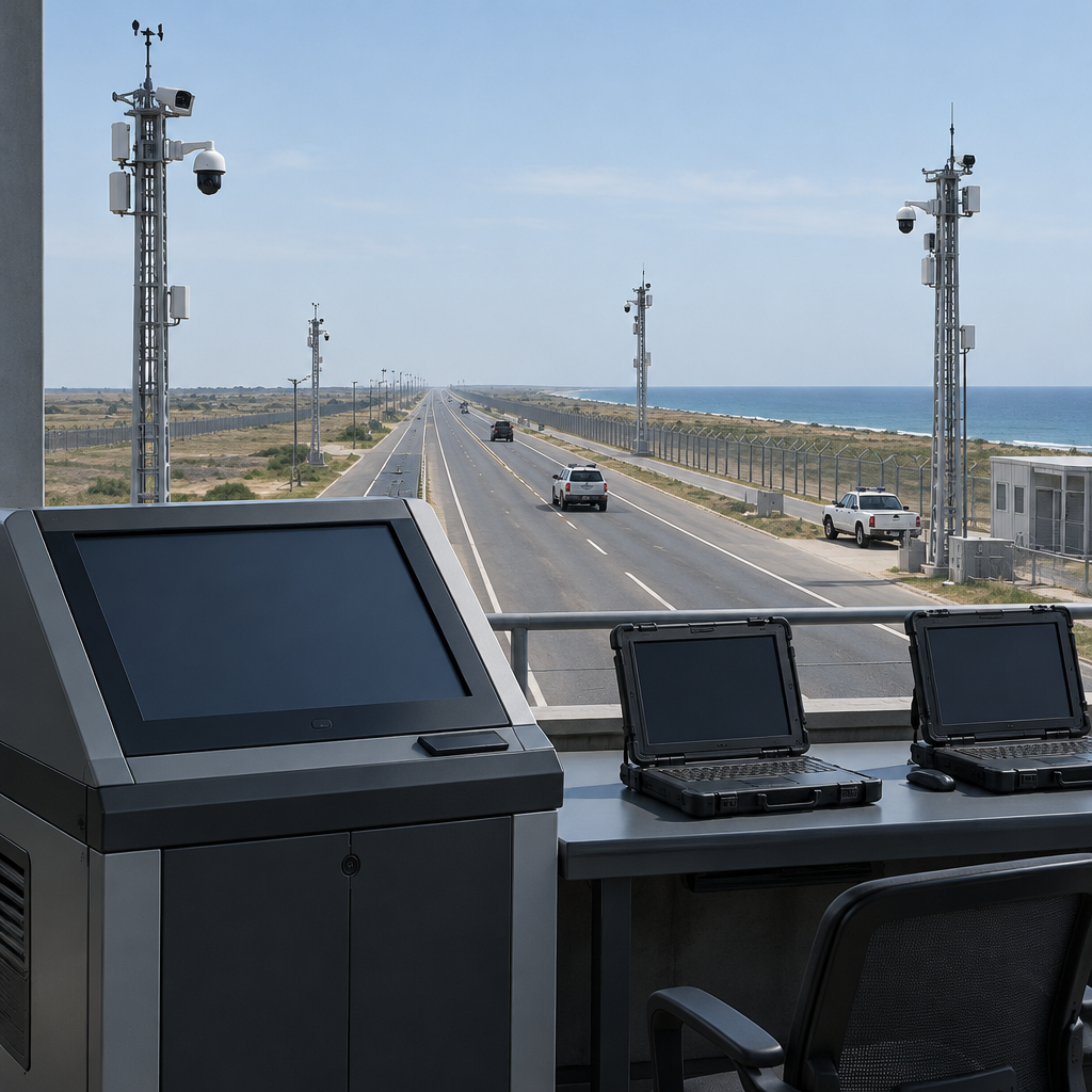 Modern surveillance system console in foreground, with road and surveillance towers in background.