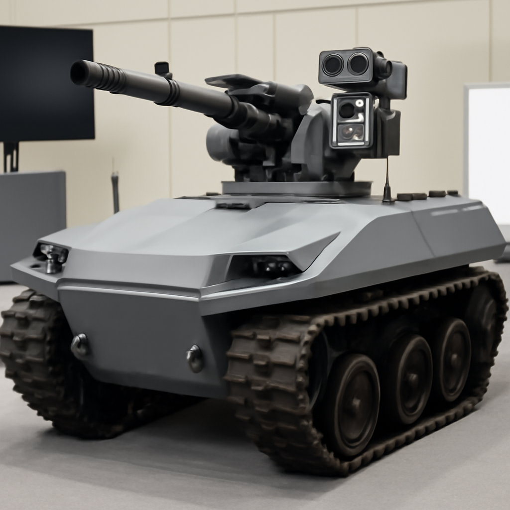 Sleek unmanned ground vehicle with weapon system and cameras on display at defense expo.