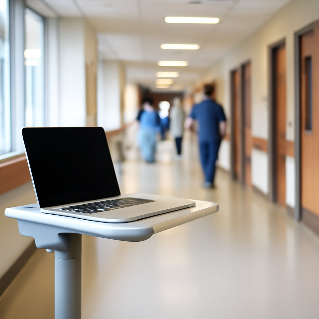 Hospital corridor with staff, patient rooms, and a laptop on a medical cart.