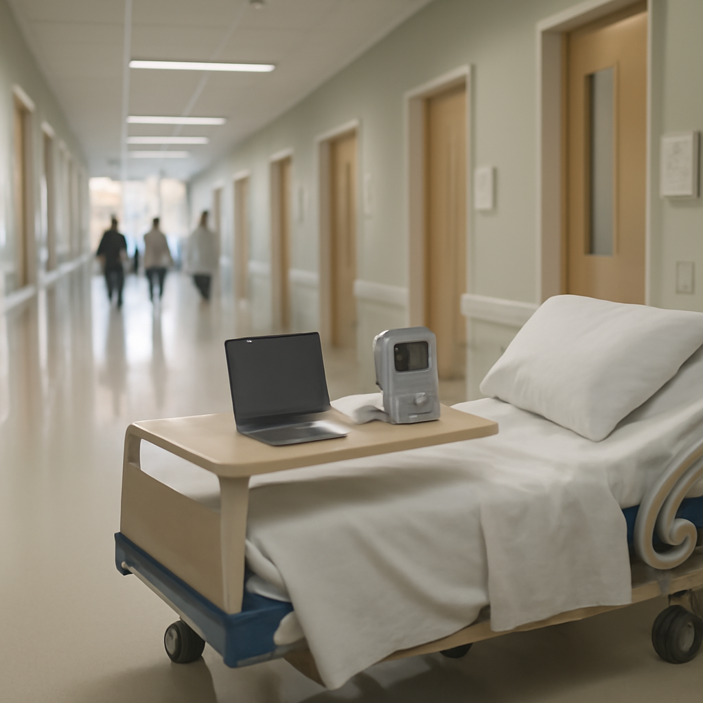 Hospital corridor with staff, patient rooms, and a bed with laptop and medical equipment.