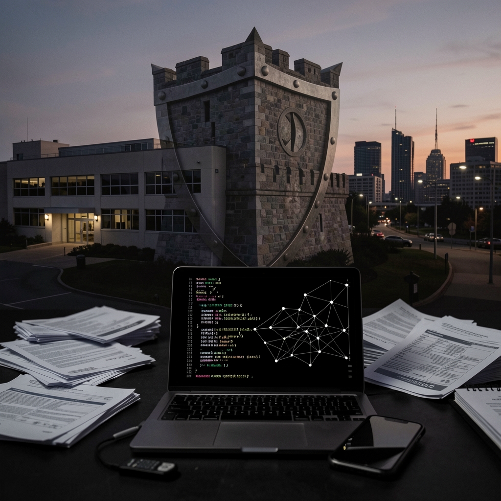 Shield superimposed over hospital at dusk with code on laptop screen and scattered medical records.