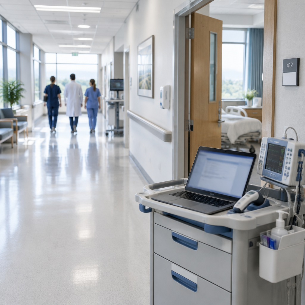 Hospital corridor with healthcare professionals, patient room, and medical equipment in bright natural daylight.