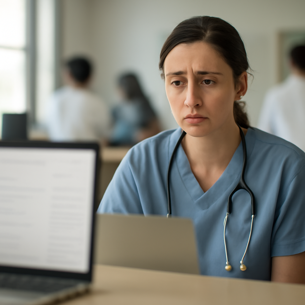 Healthcare worker sits at desk, looking concerned, with computer screen displaying email inbox.