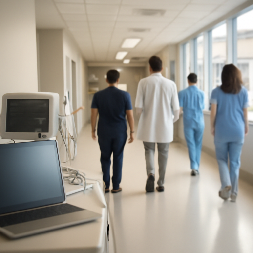Hospital staff walk down a corridor with medical equipment and a laptop on a nearby counter, soft light from large windows.