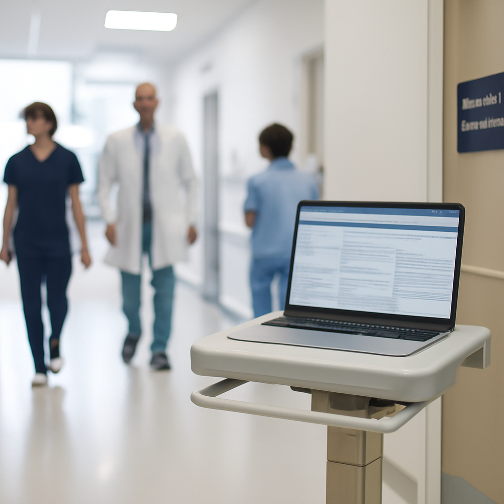 Hospital corridor with healthcare professionals, laptop on workstation, and patient room door in background.
