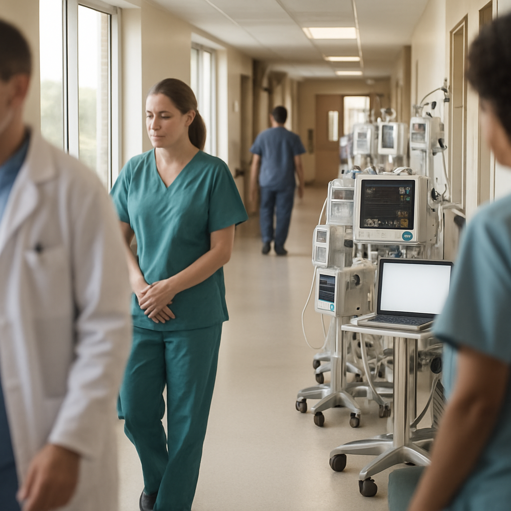 Hospital corridor with medical devices and staff in foreground.