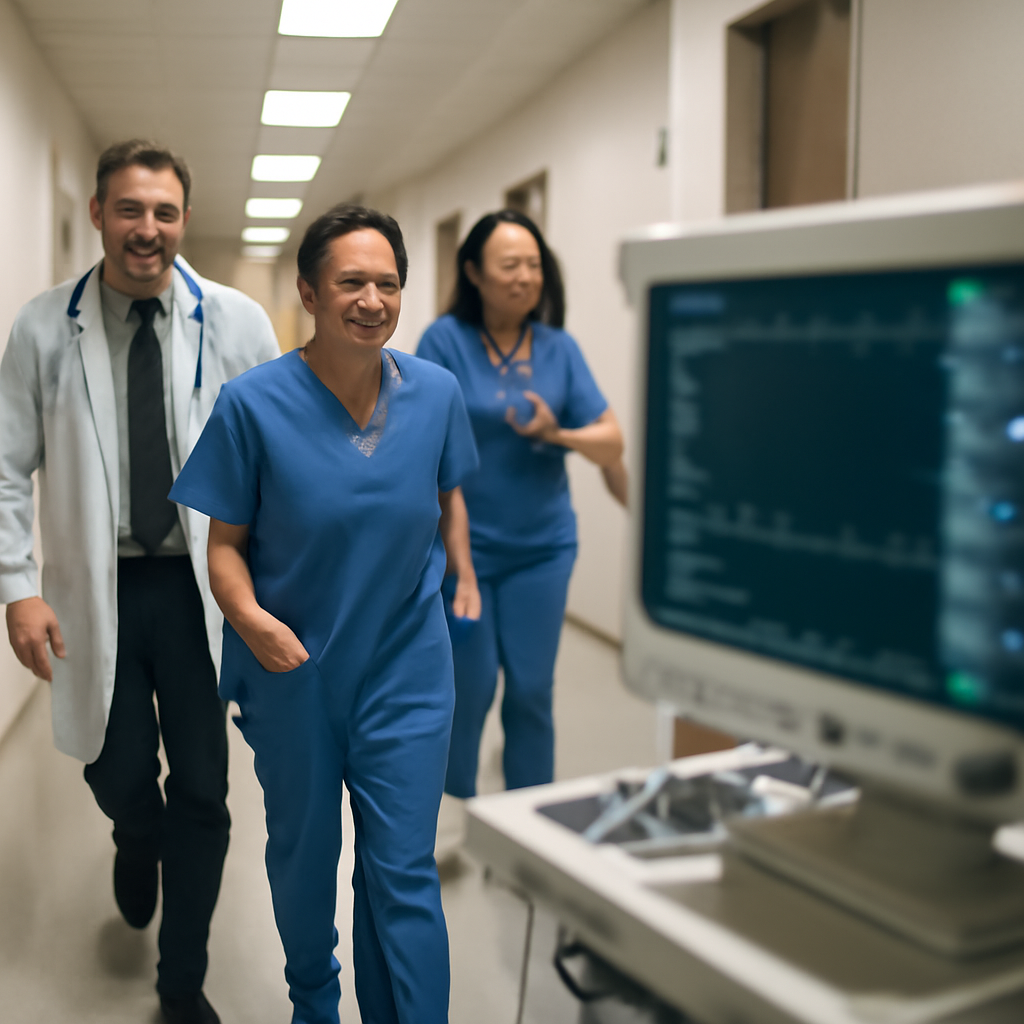 Healthcare workers walk down a hospital corridor with a medical device screen blurred in the foreground.