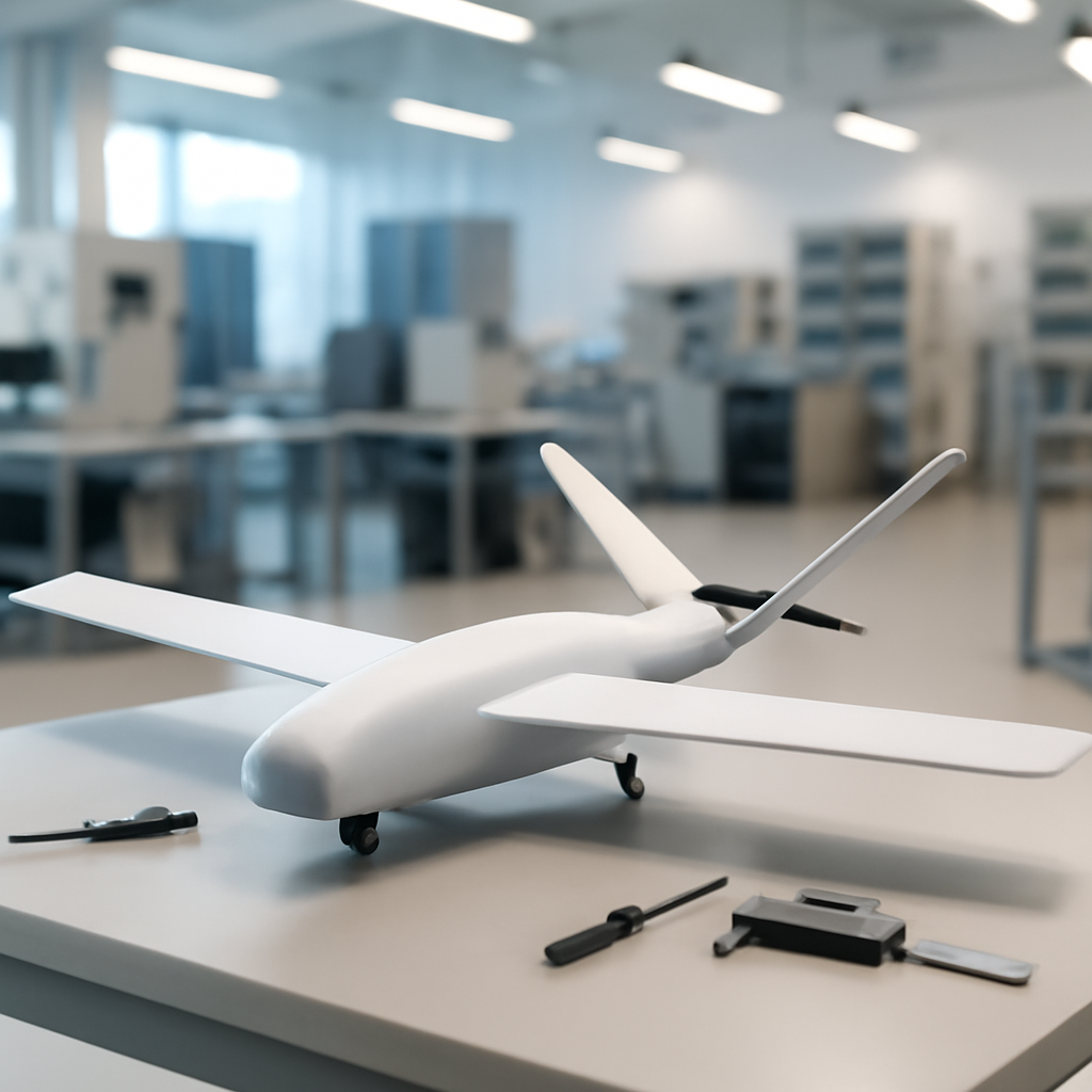 Futuristic loitering munition sits on industrial workbench in research facility.