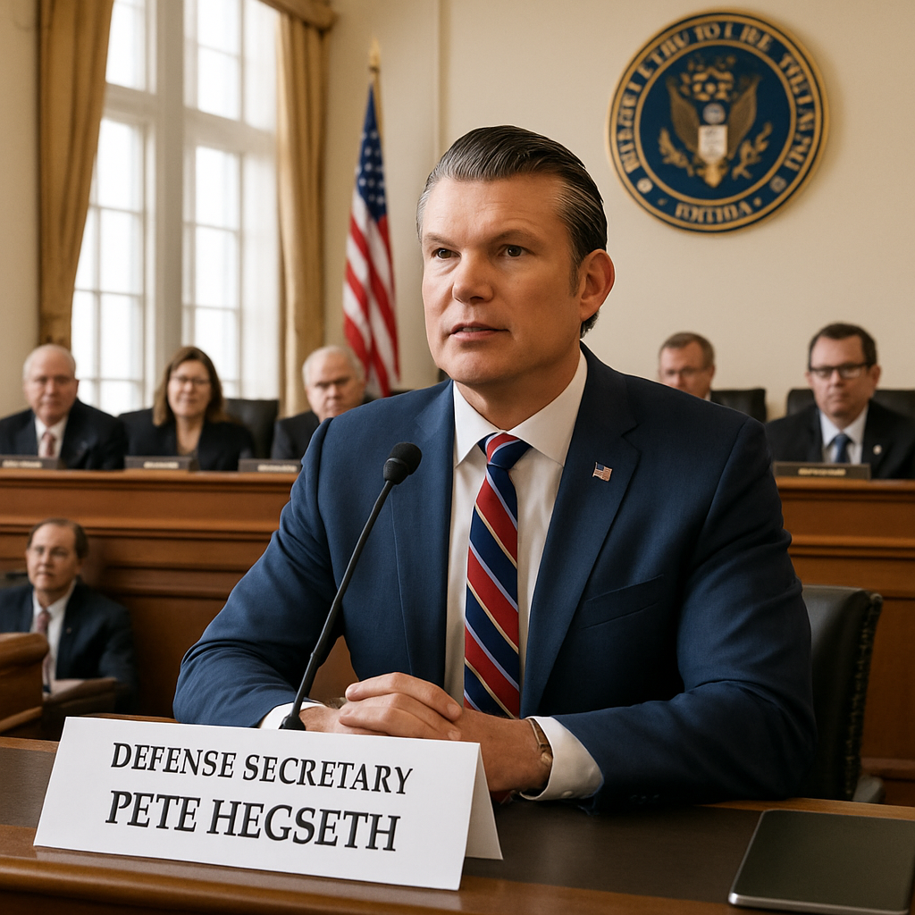 Defense Secretary Pete Hegseth testifies before House Armed Services Committee with US flag and committee seal in background.