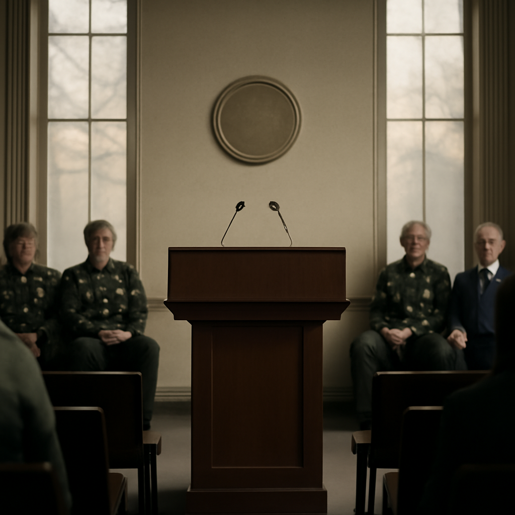 Senior military officers and government officials sit in a sparse, formal briefing room with a podium at the front.