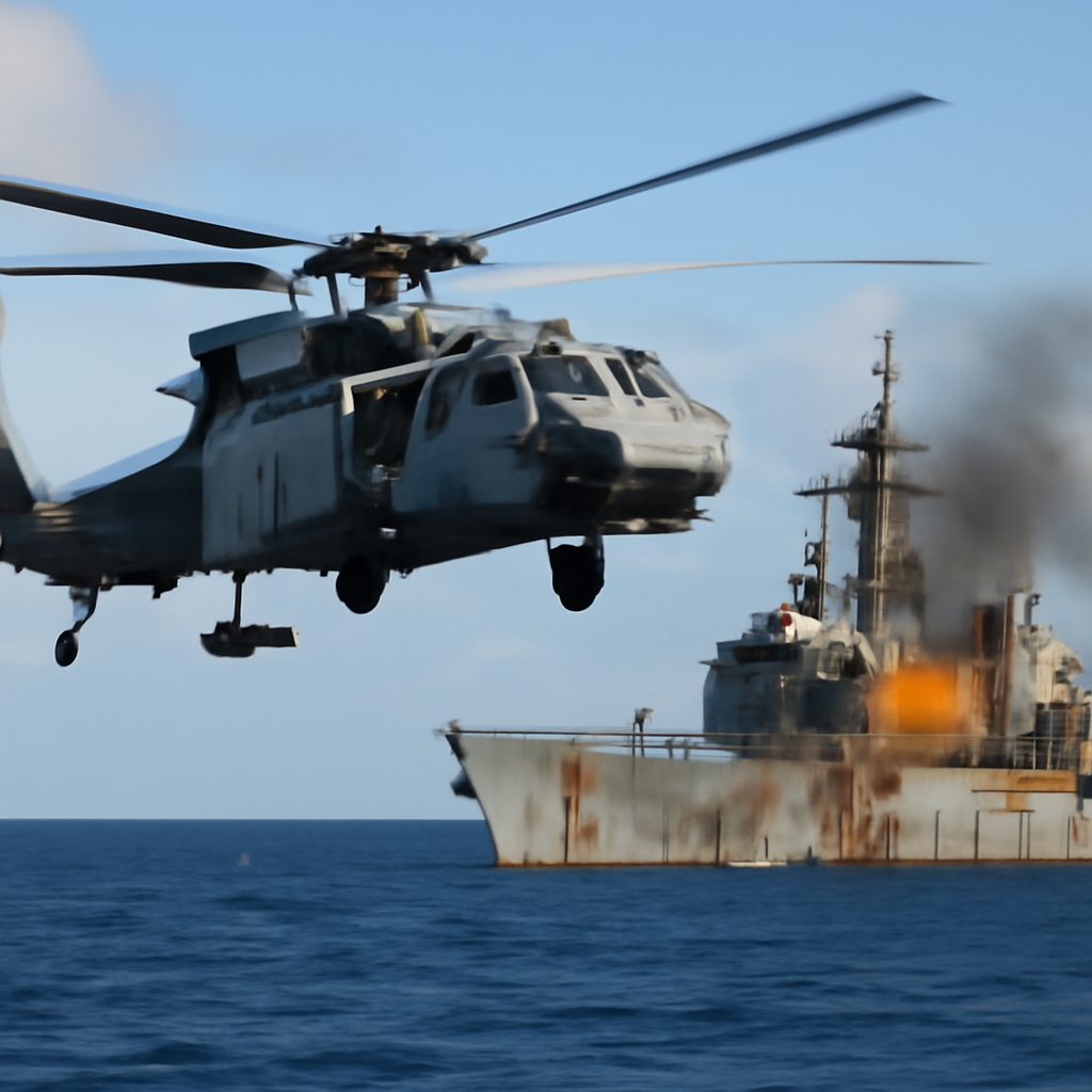 Military helicopter in flight over water with a visible missile.