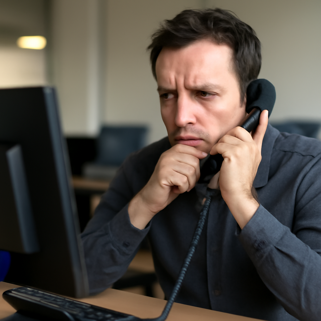 Person sitting at desk, looking concerned while on phone call.