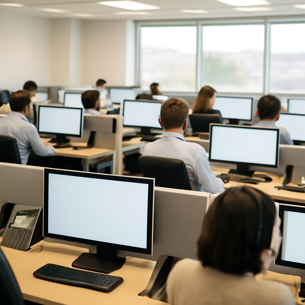 Call center agents work at desks with phones and computers under bright natural light.