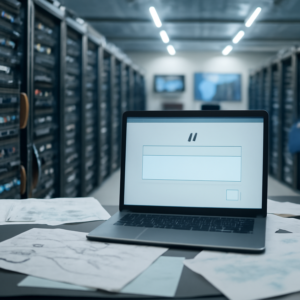 Server room with rows of computer equipment and exposed cables, featuring a prominent AI agent interface in the foreground.