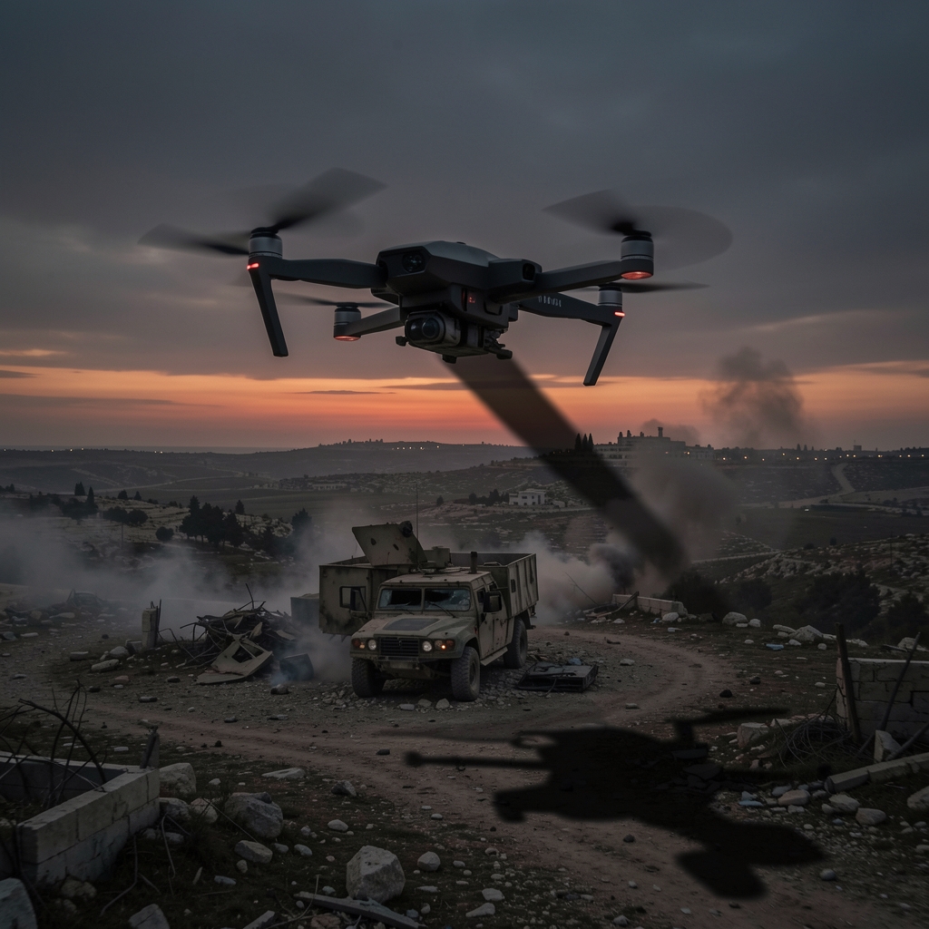 FPV drone flies over war-torn Lebanese landscape towards destroyed IDF vehicle or outpost near Israeli border at dusk.