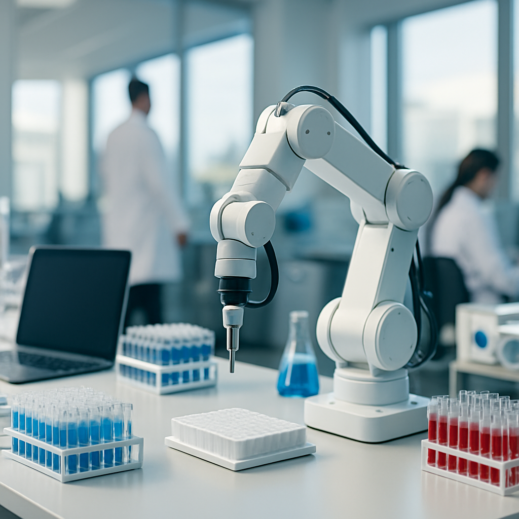 Biomedical research lab with robotic arm and equipment under natural light.
