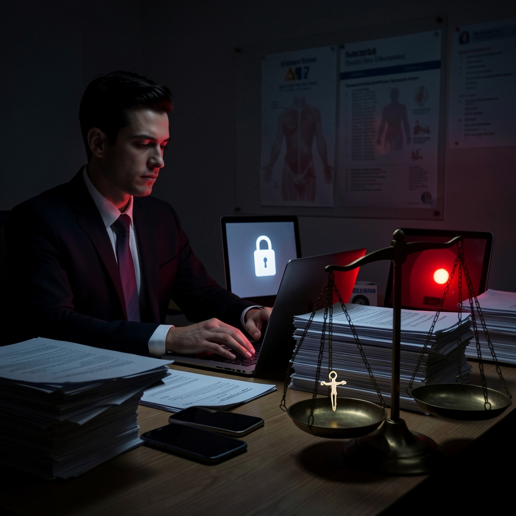 Person in a suit sits at desk with paperwork, laptop, and mobile devices, surrounded by subtle warnings of security concerns.