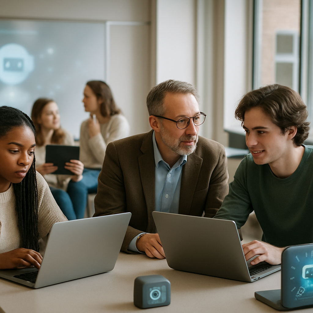 Students and faculty interact with laptops and tablets in a modern university setting with subtle AI representations.