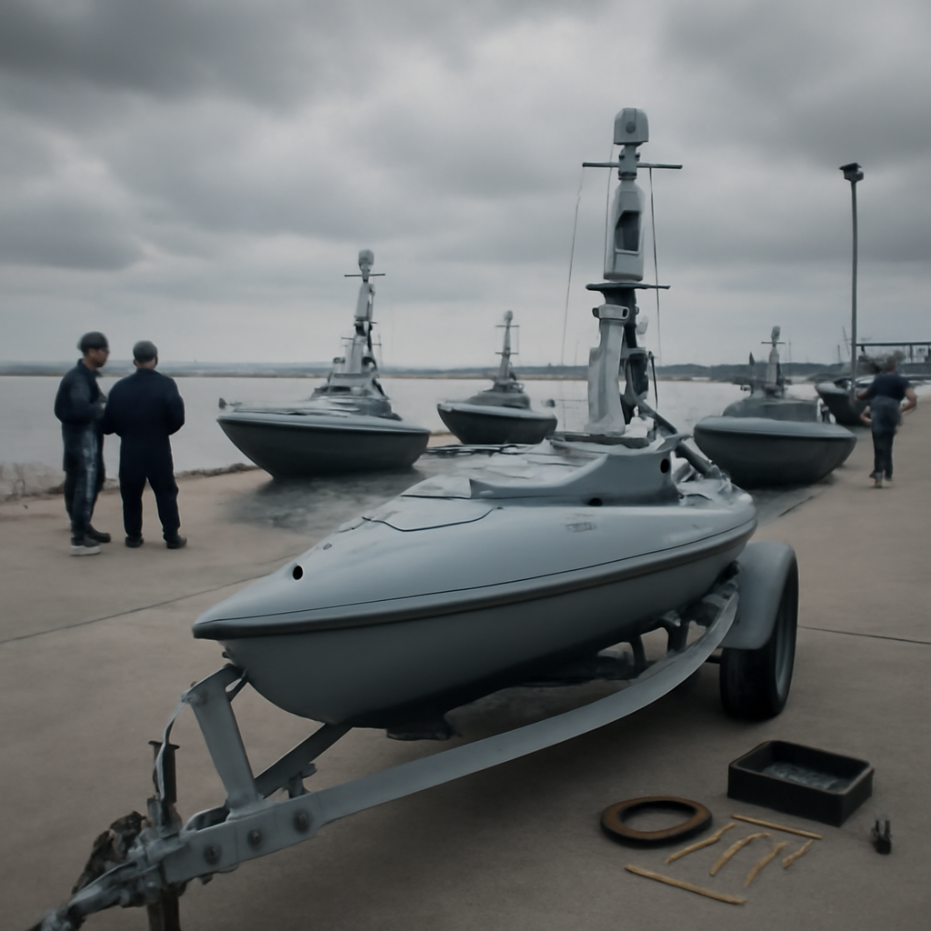Naval dock with sea drones and personnel on a cloudy day.