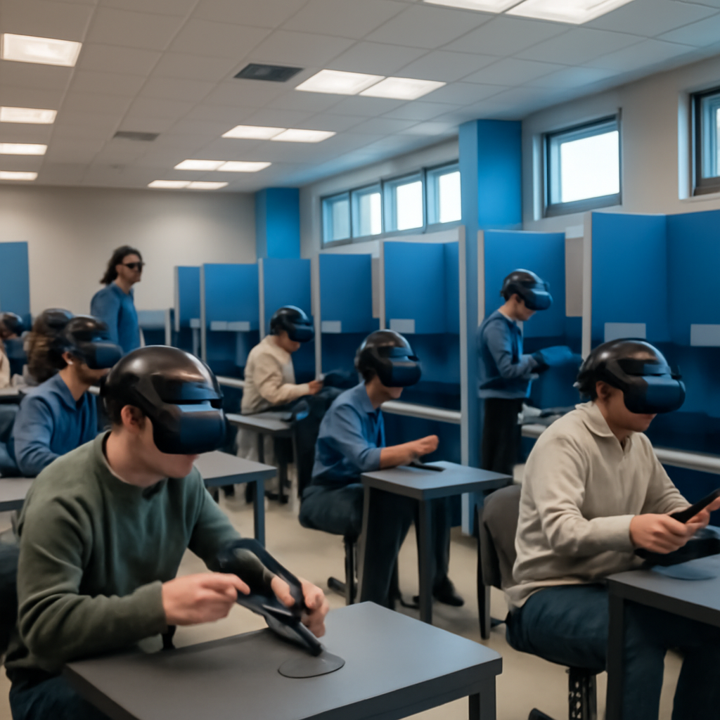 Students in a modern training facility use VR headsets and mock welding torches at identical workstations.