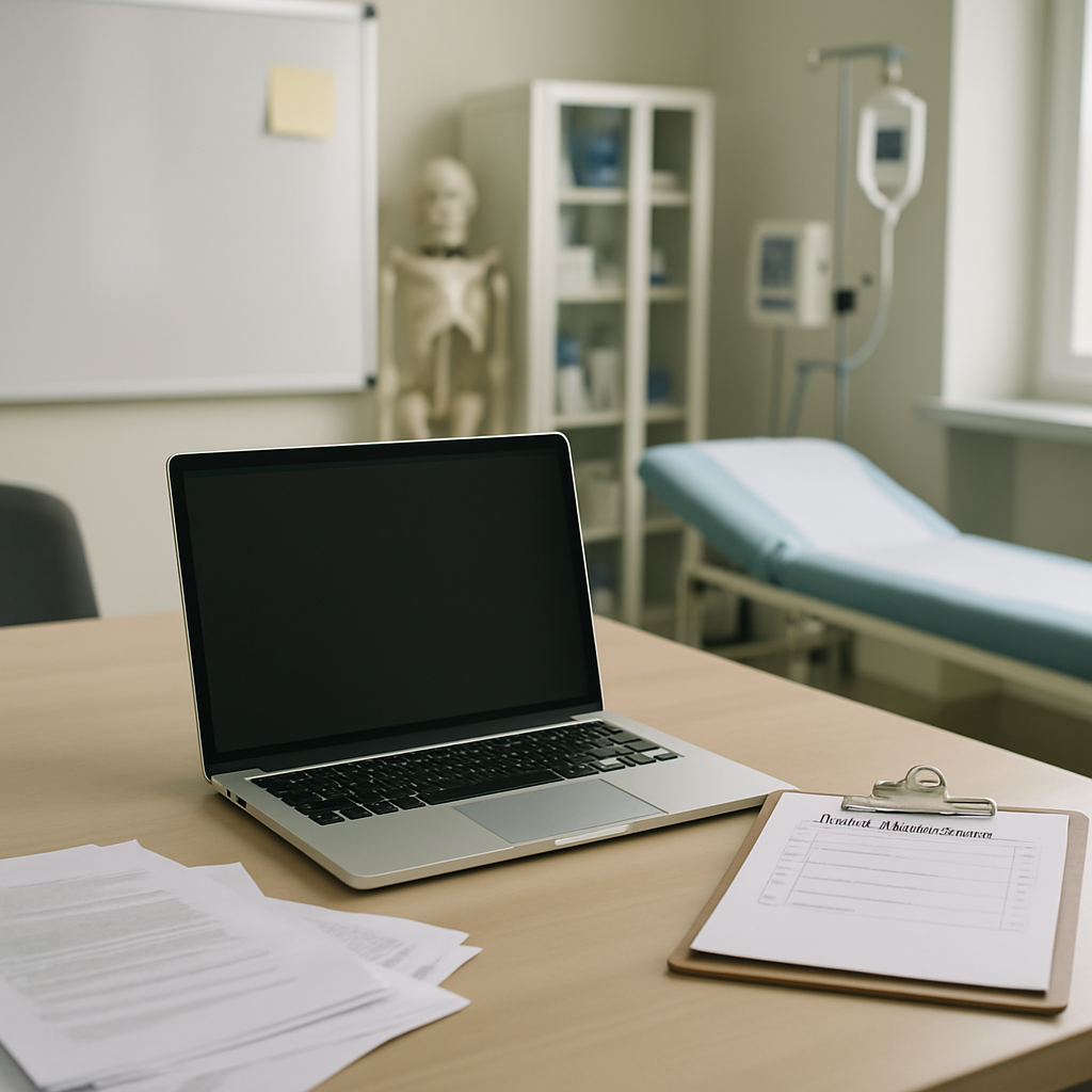 Healthcare setting with laptop on desk, surrounded by medical equipment and files, emphasizing security and risk analysis.