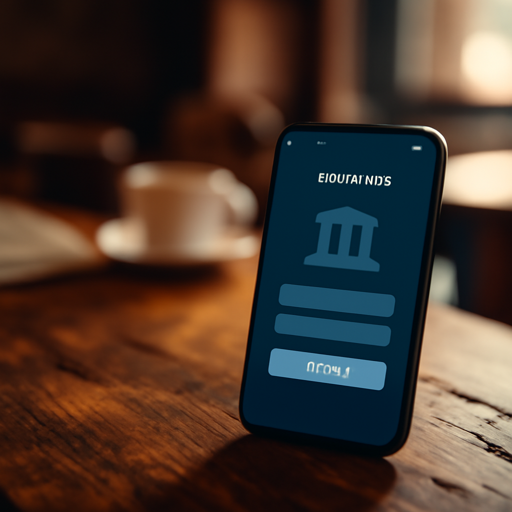 Smartphone with banking app on screen sits on worn wooden table in dim café.