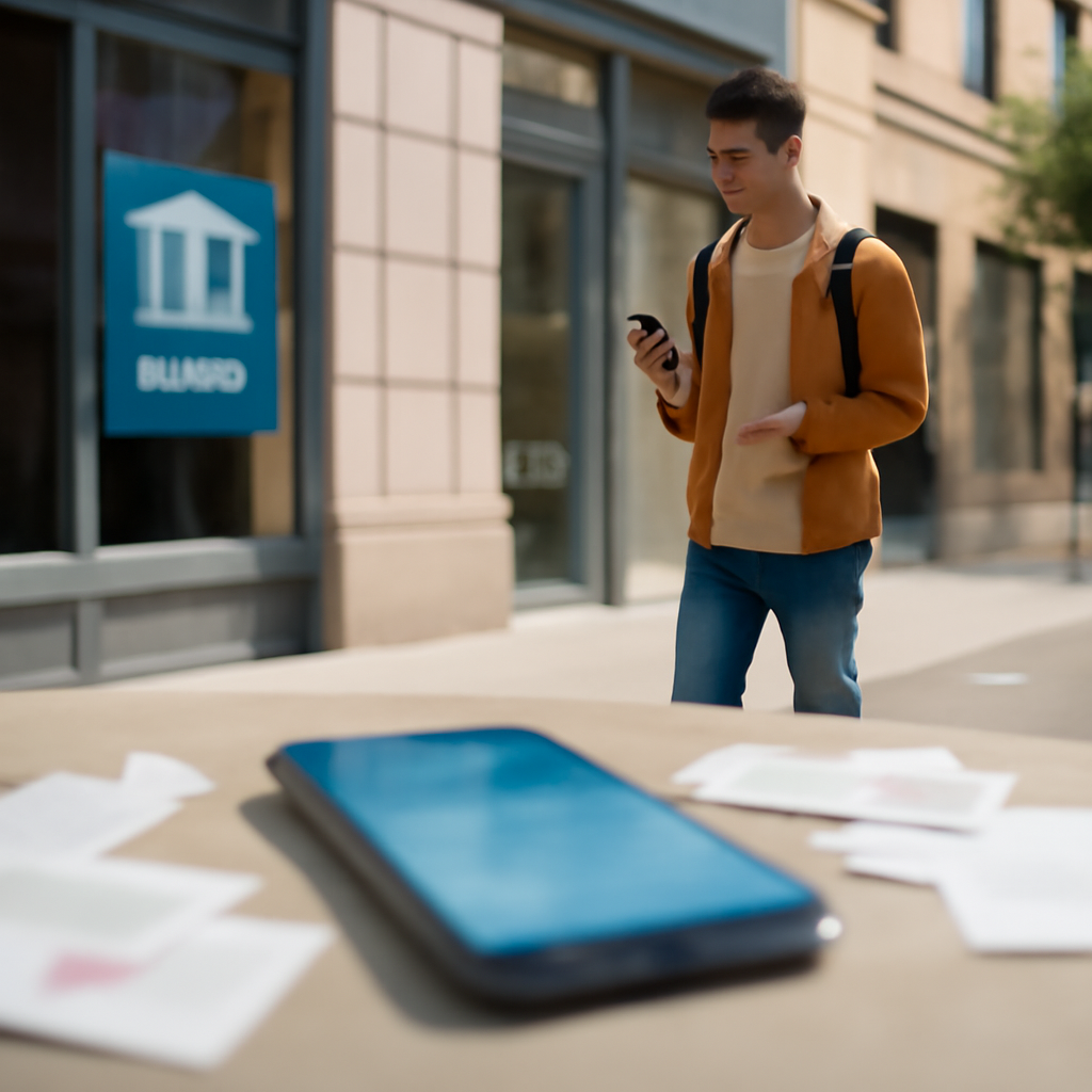 Smartphone lies on a surface with scattered papers, near a storefront with a banking app logo.