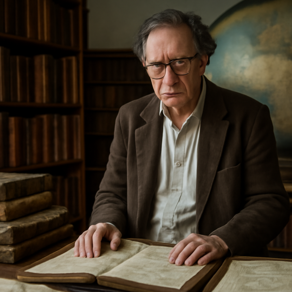 Historian stands amidst old books and documents with a globe in the background, conveying somber reflection.