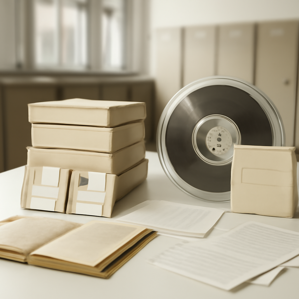 Vintage computer tapes and documentation scattered in an archive room.