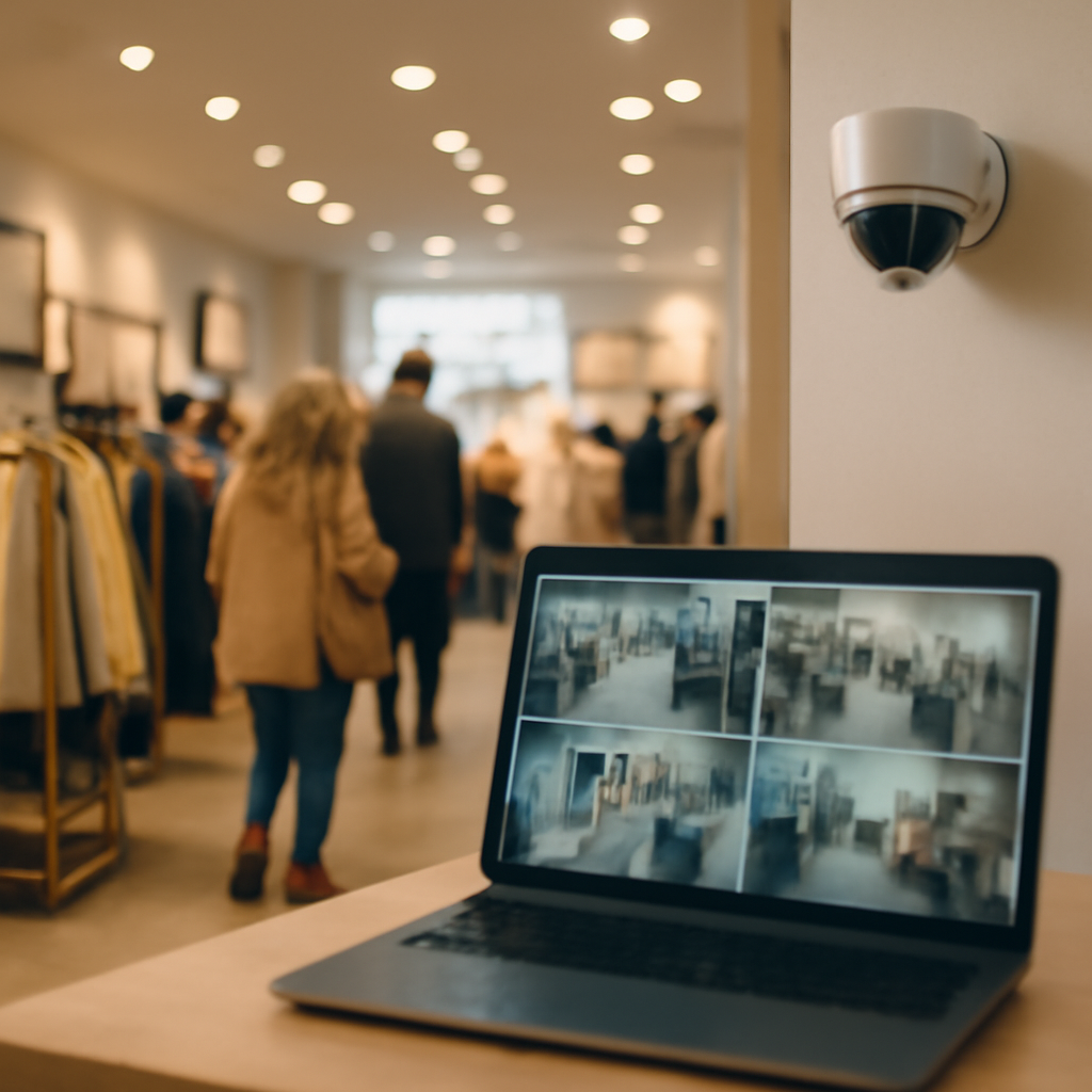 Retail store interior with shoppers, laptop on a table, and security camera on the wall.