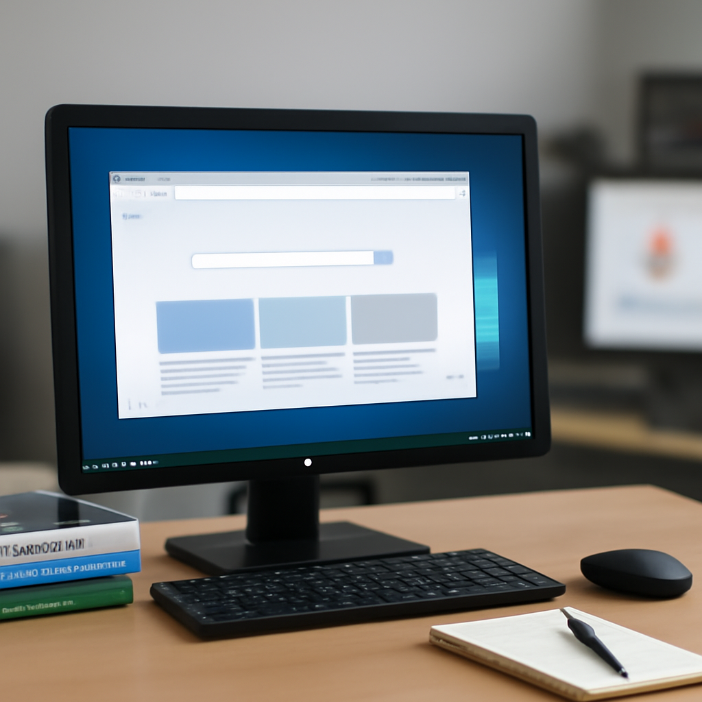 Windows computer workstation with browser open, surrounded by technical books and office supplies.