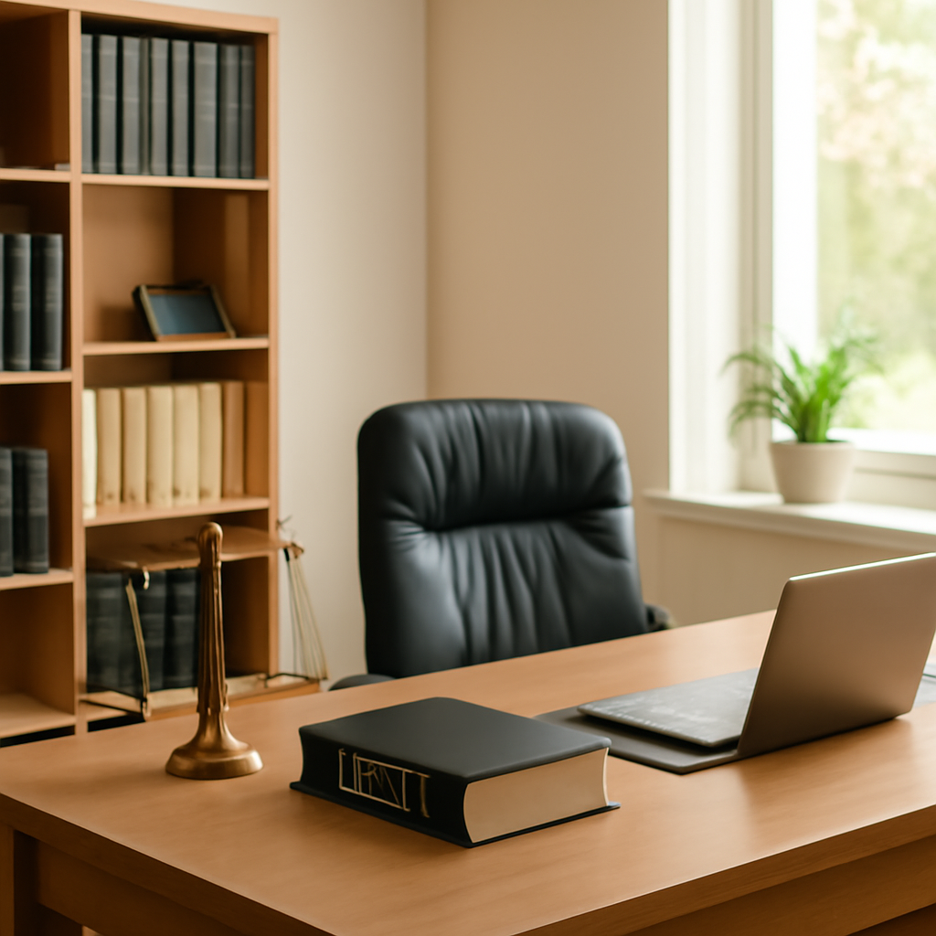 Law firm's office interior with desk, chair, and subtle computer setup.