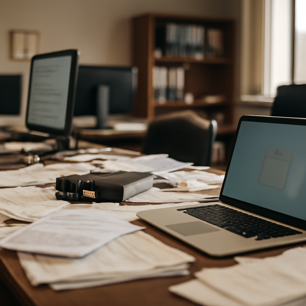 Law firm's office interior with scattered papers and out-of-focus laptop screen.