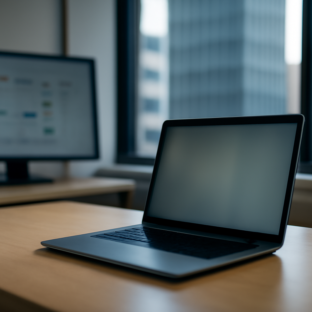 Empty office with laptop on desk, blurred screen, in front of cityscape window and subtle calendar display.
