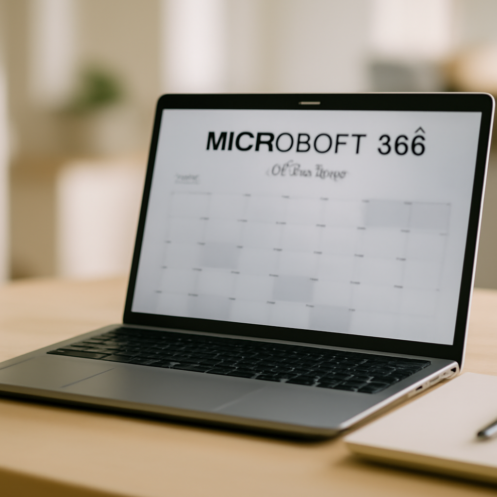 Laptop screen displays blurred Microsoft 365 calendar in office setting with notebook and pen nearby.