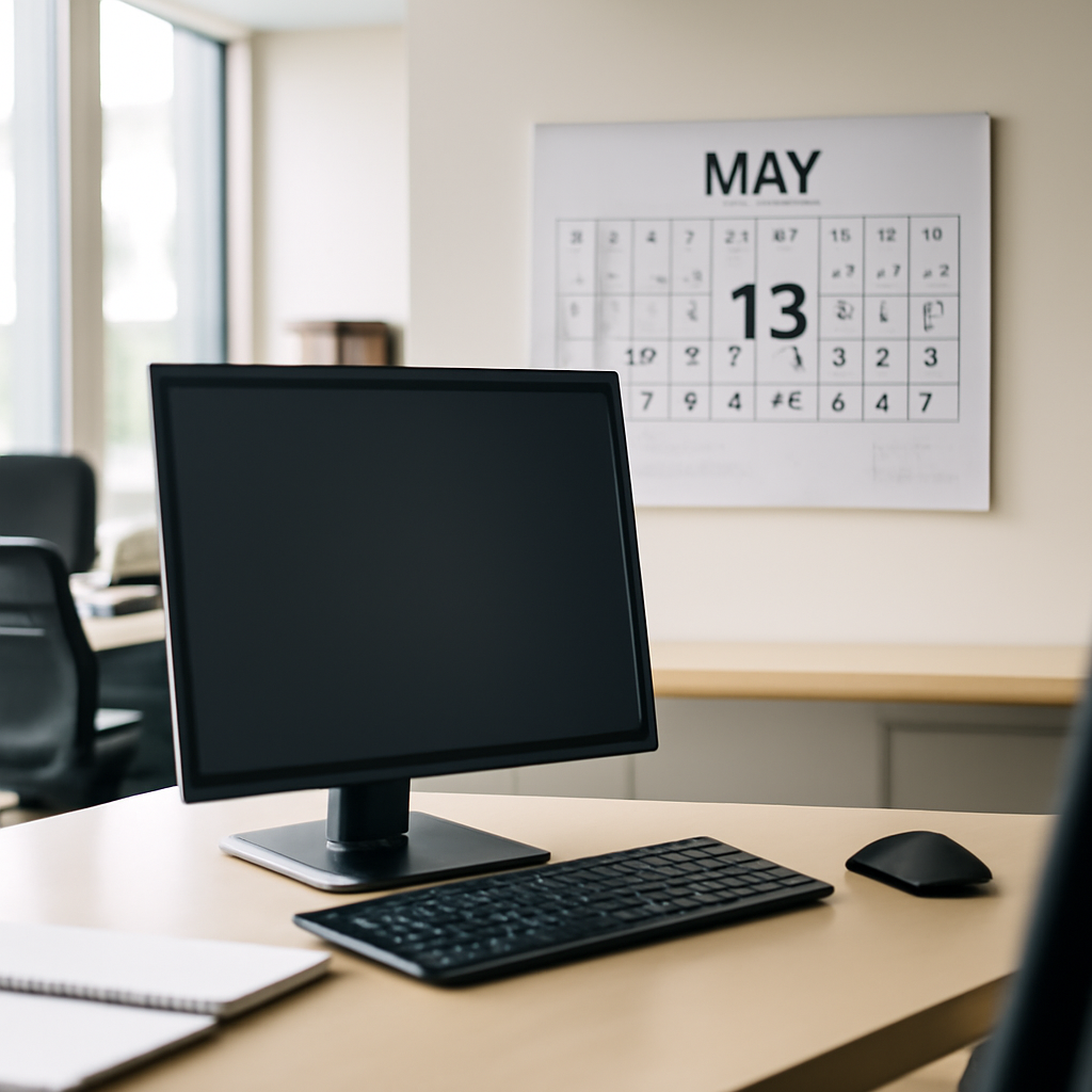 Brightly-lit office setting with computer workstation and calendar showing May 13, 2050 date.