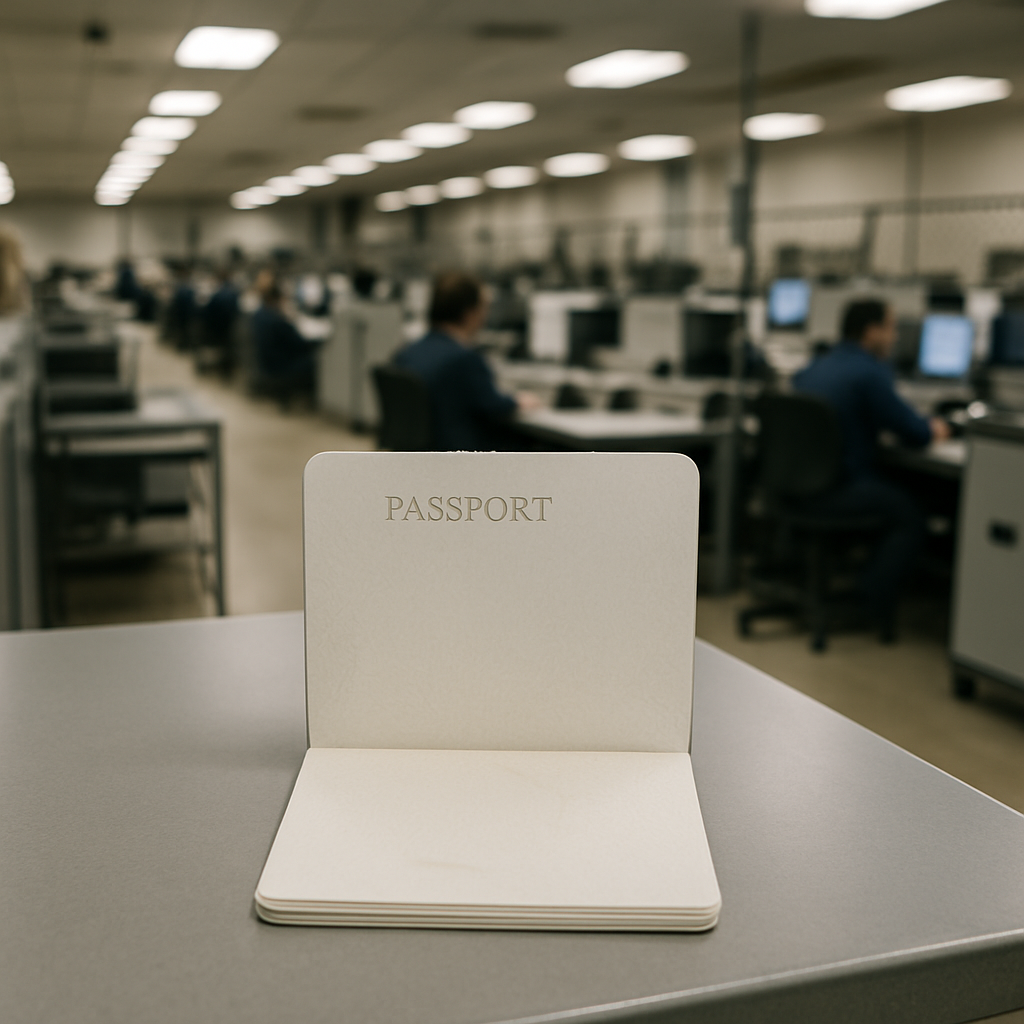 Secure government office with rows of workstations and people working in the distance, hinting at passport production.