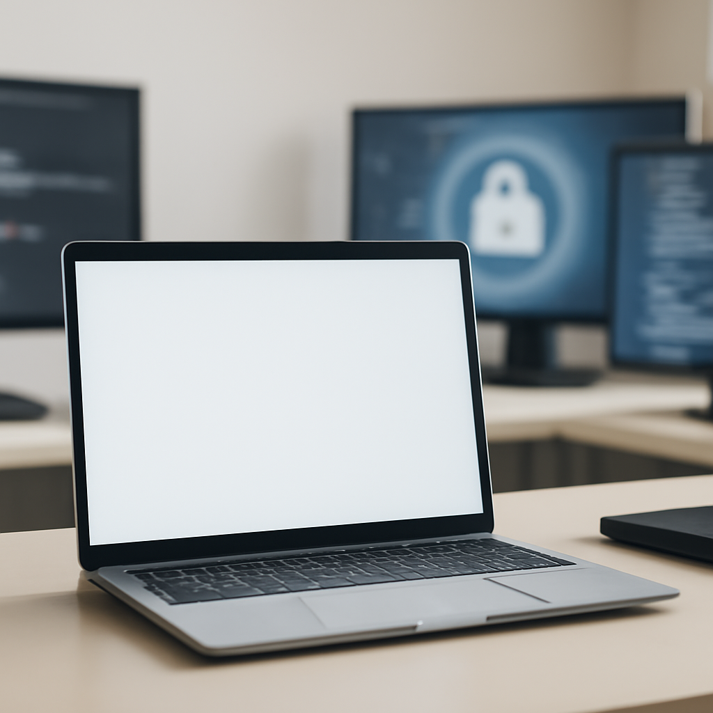 Laptop on a neutral surface with coding tools in the background, representing tech and security.