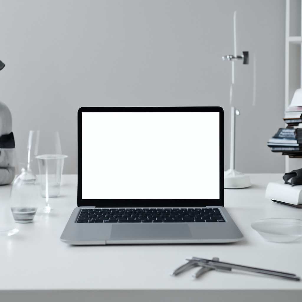 A clutter-free laboratory workbench with a computer and scientific instruments.