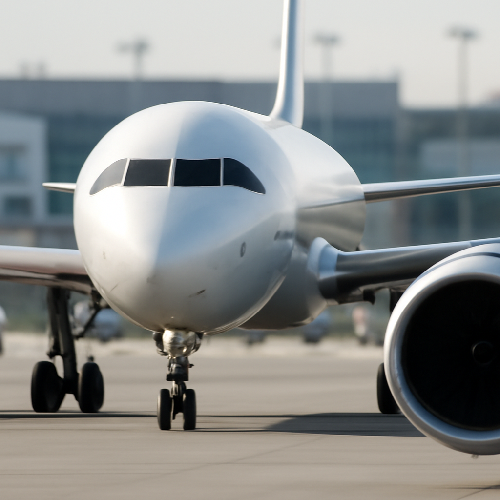 Commercial airliner on tarmac with jet engine component in foreground.