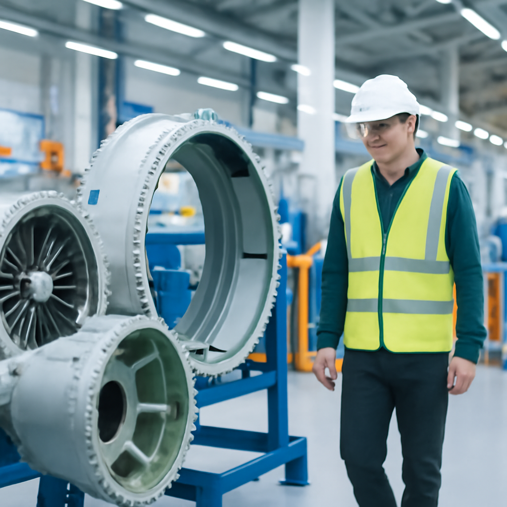 Aerospace manufacturing facility worker in safety gear amidst industrial equipment.