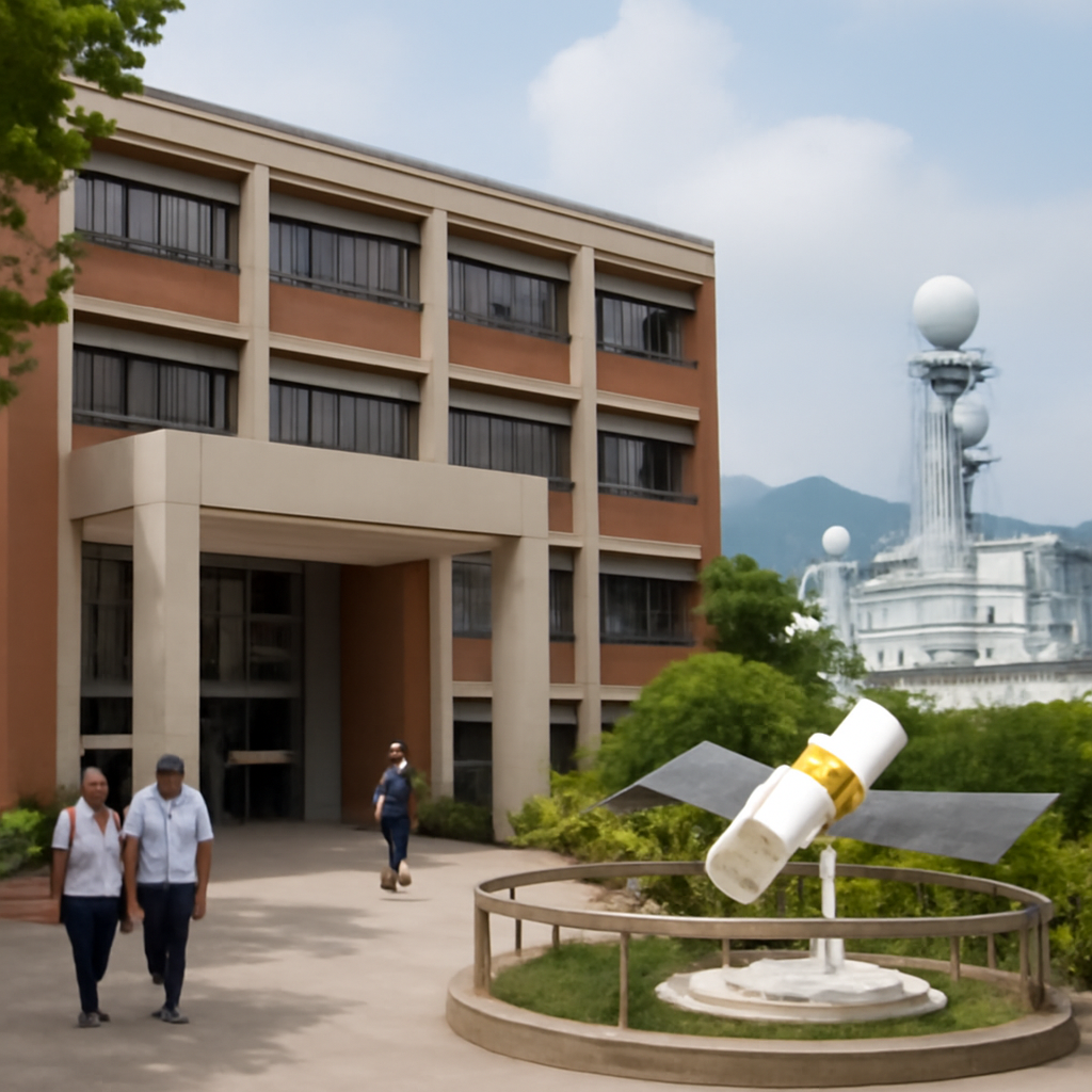 University building with a subtle hint of China's defense research in the background.